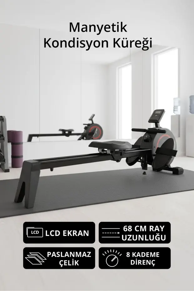 Manyetik Kondisyon Küreği | Paslanmaz Çelik | 8 Kademeli Direnç | 68 cm Ray